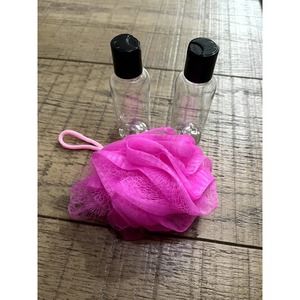 Set of 2 Travel Bottles & Pink Shower Pouf Set